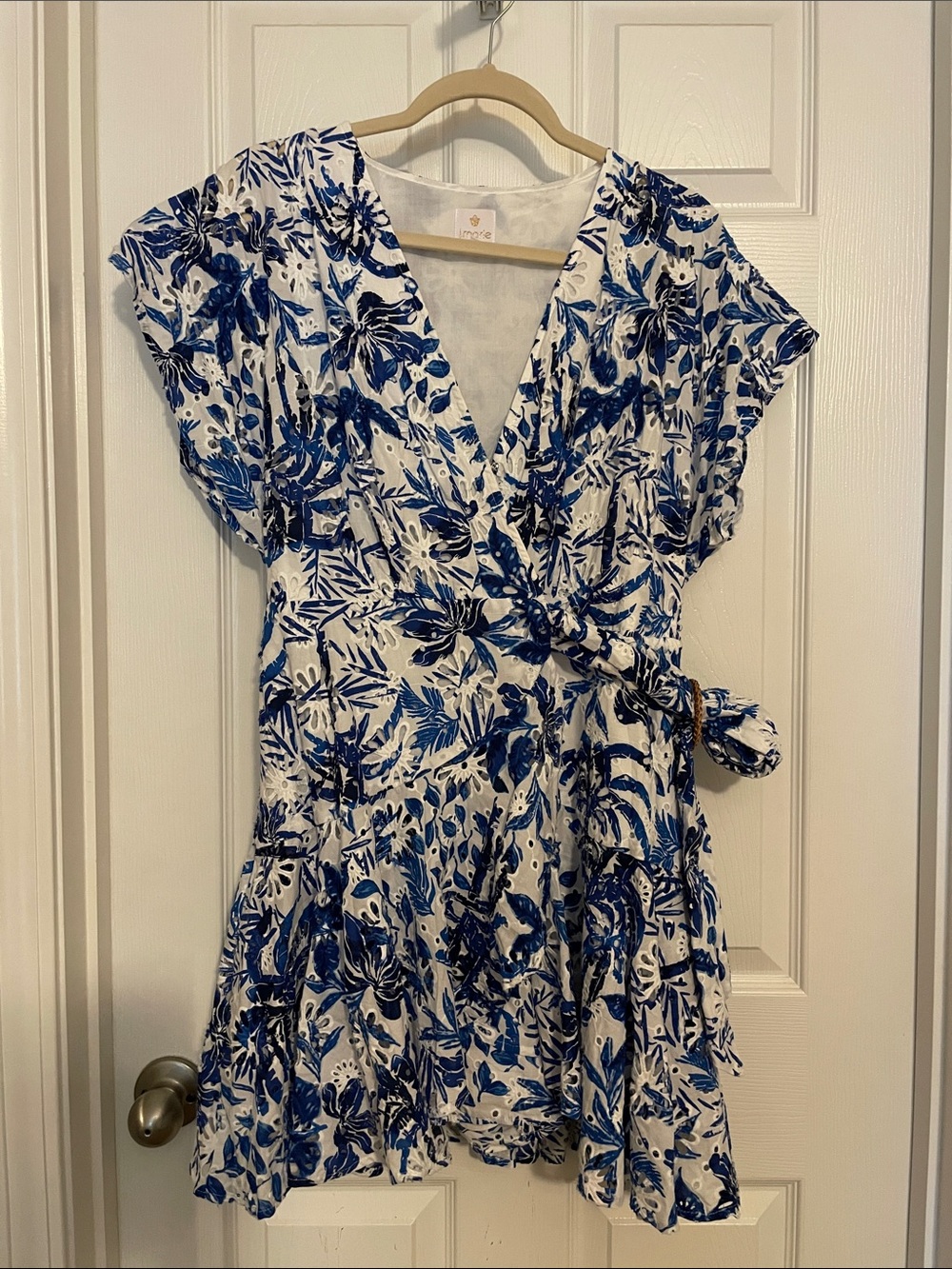 White and Blue Floral Wrap Dress with Tie Waist - Women